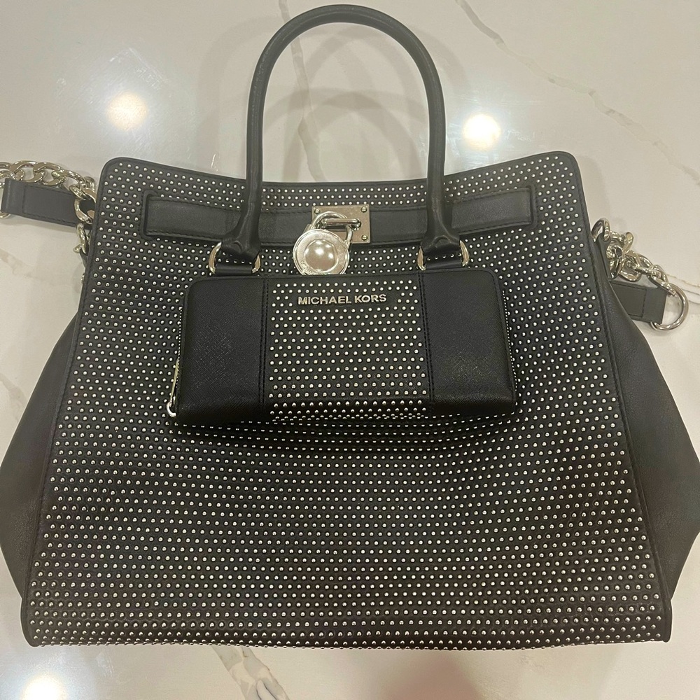 Micheal Kors Black Chrome Studded Messenger Bag With Matching Studded Wallet